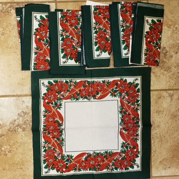 6 Christmas Poinsettia Napkins 100% Cotton Sunweave Linen Corporation - Picture 1 of 6